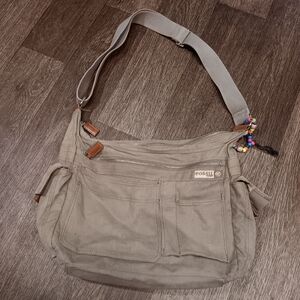 Vintage Y2k Fossil Canvas Crossbody Bag in Taupe Gray with Leather Trim